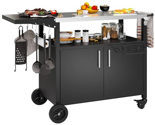Shintenchi Outdoor Grill Cart Table with Stainless Steel Top for Kitchen Prep and BBQ, Outdoor Kitchen Island Table with Side Handle, Multifunctional Outdoor Grill Table, Black