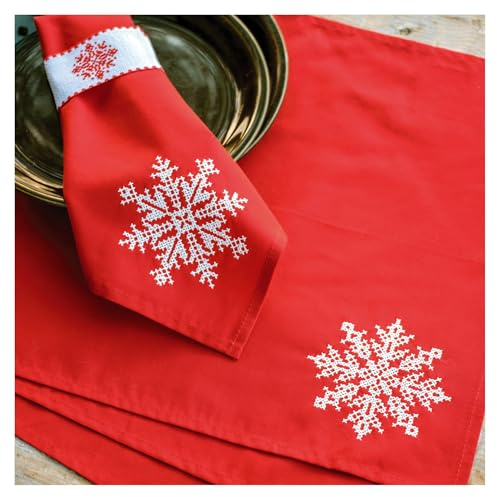 Tischset, Plattstich Stickpackung Schneekristall 4Stk Set, Stickbild gedruckt, 40x40cm