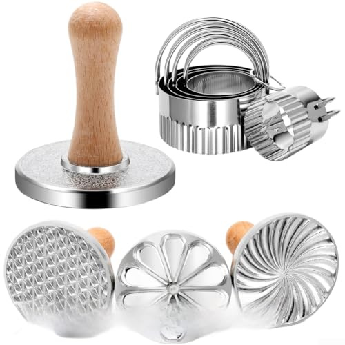 Linnkyfloa 3 Stück Ausstechformen aus Zinklegierung mit Holzgriff, einzigartige Diamant-, Wirbel- und Blumenstempelmuster, enthält vielseitige Größen von 4 cm bis 8 cm