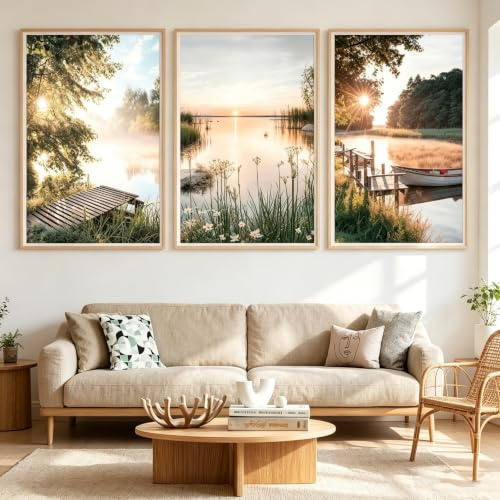 JANAGIN Naturlandschaft des Sees Leinwand Bilder 3er Set, Moderne Bilder Wohnzimmer Poster Set Hochformat, Wandbilder für Schlafzimmer Ohne Rahmen (50x70 cm)