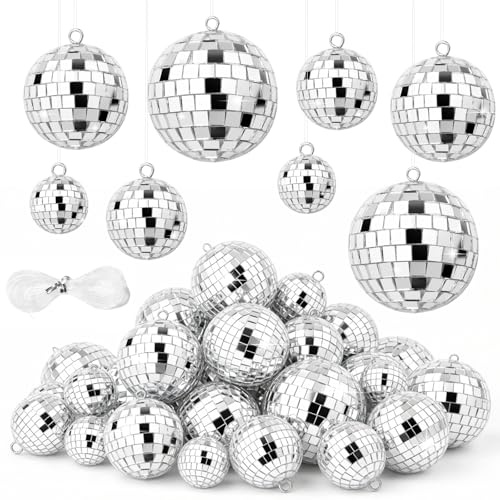 Lymshine 50 Stück Mini Discokugel Set, Discokugel Klein 2/3/4/5cm, Discokugel Deko Silber Spiegelkugeln zum Aufhängen für Party, Kuchendekoration, Weihnachtsbaum, Hochzeit & Geburtstagsfeier