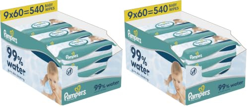 Pampers 99% Water Baby-Feuchttücher, 18 Packungen mit 60 Feuchttüchern : 540 Baby-Feuchttücher, leichte Lotion mit 99% Wasser