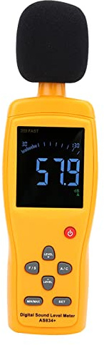 AS834+ Misuratore di decibel Fonometro, Tester di rumore di precisione (±1,5 dB) con LCD a 4 cifre e barra analogica, Gamma 30-130 dB Ponderazione A/C per uso industriale,