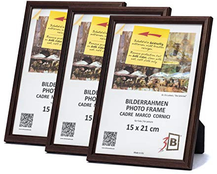 3-B Bilderrahmen GERA - 3-Pack - Dunkel Braun - 15x21 cm (A5) - Holzrahmen, Fotorahmen, Portraitrahmen mit Acrylglas