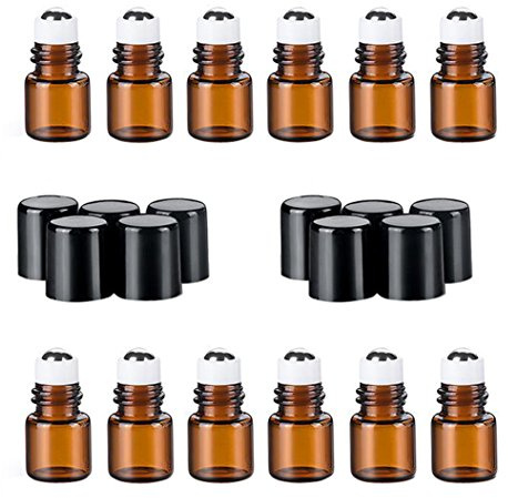 12PCS Mini botellas rodillos aceite esencial ámbar vidrio con tapa negra y bolas rodillos acero cosmético titular almacenamiento maquillaje Jarras muestras perfume Attar viales (2ml)