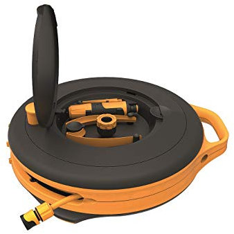 Fiskars Waterwheel S, All-Inclusive-Bewässerungs-Set, 15 m Gesamtreichweite, Gartenschlauch in Universalgröße (Ø 9 mm), Universal-Hahnverbinder, Schwarz/Orange, 1020436