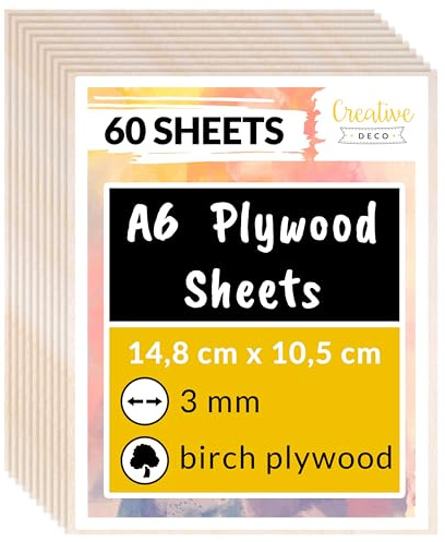 Creative Deco 60 x Plywood Sheets | 6 x 4 | 0.11 Thickness | Baltic Birch Wood Ply | Perfect for Home Decor Arts and Crafts Painting Laser Cutter CNC Machine Scroll Saw Pyrography