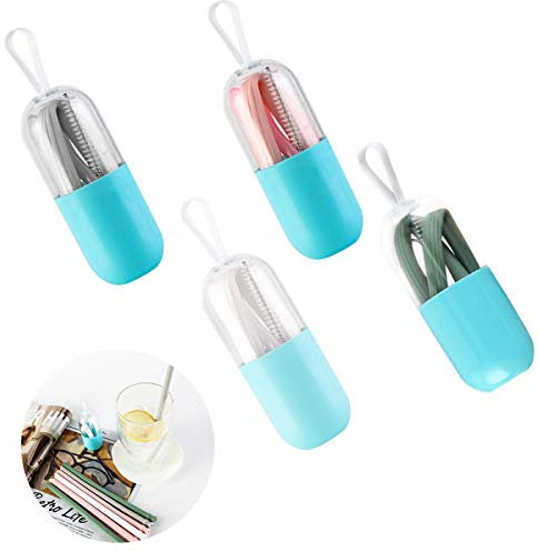 Runaup Lot de 4 pailles réutilisables et pliables en silicone avec 4 brosses de nettoyage pour la maison, le bureau, les voyages