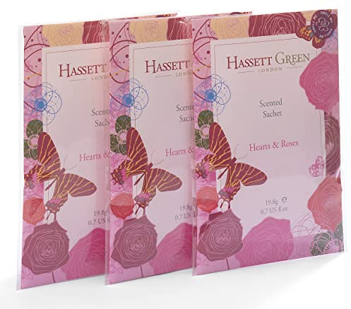 Hassett Green London - Hand Made Scented Sachet Large Three Pack - Hearts & Roses - For Wardrobes and Drawers