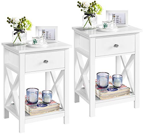 Yaheetech Set of 2 Farmhouse Nightstands with Drawer and Open Shelf, White