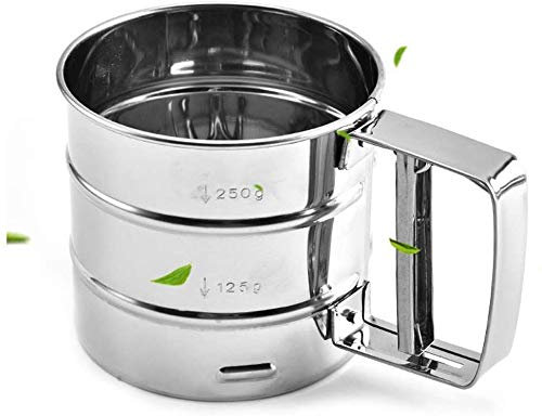 Gshy Tamiz de harina Manual de Acero Inoxidable Tamiz de harina semiautomático con Escala para espolvorear finamente Herramientas de repostería 9.5x10.5cm