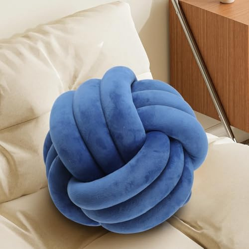 Knot Pillow Ball, Handmade Decorative Throw Pillow, Soft Round Knotted Cushion for Couch & Bedroom, Cute Home Decor, Braided Pillow for Living Room (13.8 Inches, Dark Blue)