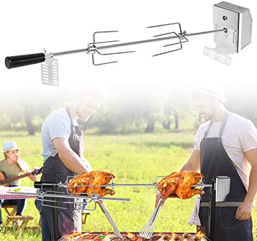 HENGMEI Set di spiedini per barbecue in acciaio inox, 107 cm, con motore, 2 aghi per carne, 220 V – 240 V, girarrosto elettrico, girarrosto