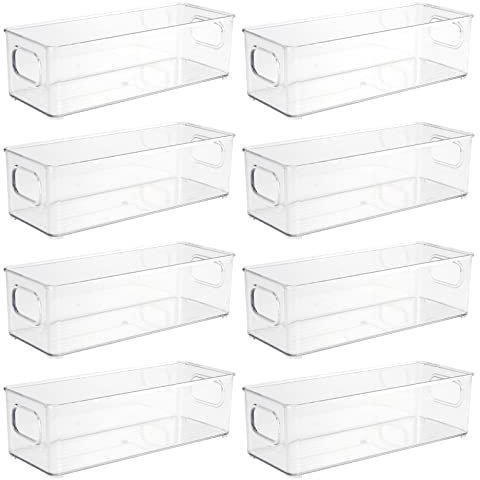 JAPCHET 8 Pack 25.5x9.7x7.6cm Fridge Storage Organiser Trays, Stackable Kitchen Cupboard Storage Trays, Clear Plastic Refrigerator Bins with Handles for Kitchen, Cupboard, Freezer, Pantry