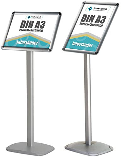 DisplayLager - EXPO Infoständer für Plakaten. Hochwertig design mit super funktionalität. Informationsständer in Rostfreie Alu Fußplatte. Infohalter für Quer/Hochformat Einsatz (A3)