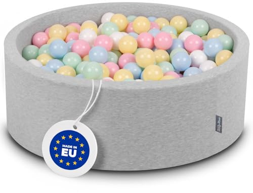 KiddyMoon 90X30cm/300 Balls ∅ 7Cm / 2.75In Baby Foam Ball Pit Made In EU, Light Grey:Pastel Blue/Pastel Yellow/White/Mint/Light Pink