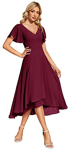 Ever-Pretty Abito da Ospite di Nozze Donna Asimmetrico High Low Maniche Volant Linea A Chiffon Scollo a V per Cerimonia Sera Damigella Lungo Borgogna 44