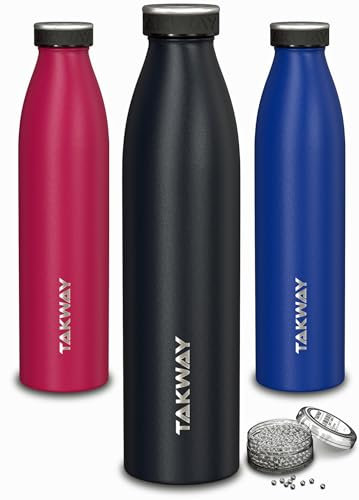 TAKWAY Edelstahl Trinkflasche isoliert mit Reinigungsperlen - 750ml 1L - Auslaufsichere Thermosflasche Wasserflasche Isolierflasche - Kohlensäure geeignet (Schwarz, 750ml)