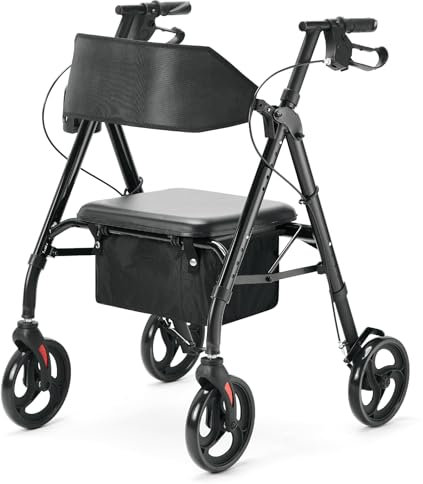 HEAO Aluminium Lightweight Rollator für Senioren, Belastbar bis 136 kg, klappbar Reiserollator, 50cm breitem Sitz, Outdoor Indoor Gehhilfe, höhenverstellbarem Sitz und Griff,Schwarz