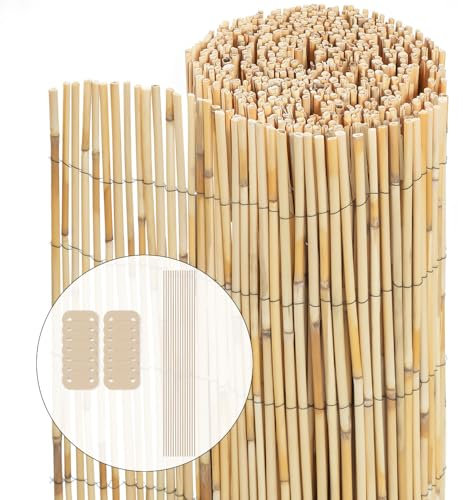 VOUNOT® Natural Peeled Reed Fence 90x600cm Privacy Screen Roll with Fixing Clips Garden Panel Fence for Outdoor Garden Patio Balcony Wind/Sun Protection
