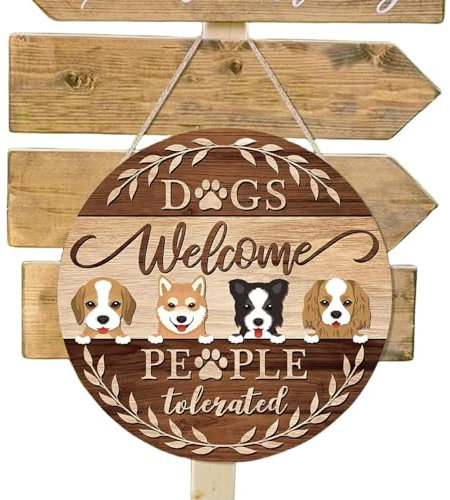 AALLYN Dog Welcome Sign | Welcome Dog Door Hanger | Funny Round Welcome People Tolerated Sign Novelty Hanger for Dog Lovers
