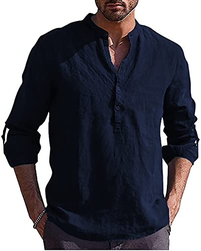YAOBAOLE Camisa de lino para hombre de manga larga con cuello Mao Camisa de verano para hombre ligero de algodón y lino, camisa de playa clásica casual Henley Shirt, azul marino, L