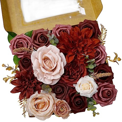 Artificial Flowers Combo, Mix Silk Flowers Dahlia Roses, Faux Flower Head with Stems, Fake Flowers Roes Combo, Fake Cake Combo Box Flower for DIY Wedding Bouquets Bridal Centerpieces Party (Burgundy)