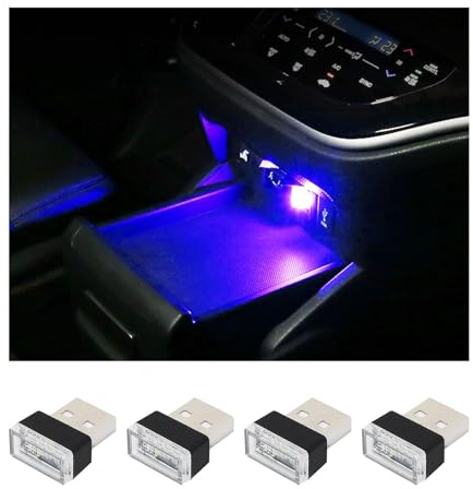 4 PCS USB LED Car Interior Atmosphere Lamp, Plug-in USB Decoration Night Light, Portable Auto Ambient Lighting Kit, Universal Vehicle Interior Accessories for Most Cars (Blue)