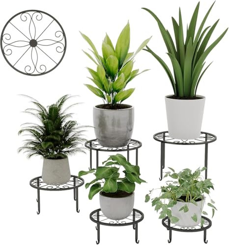 Bamworld 5-Pack Metal Plant Stands Indoor Outdoor, Heavy Duty Flower Pot Stands for Multiple Plants, Anti-Rust Iron Plant Rack for Patio Garden Balcony Living Room Bedroom