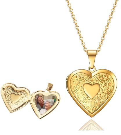 TJUSPIRIT Vintage Herz-Medaillon Foto Herzkette Damen Edelstahl Photo Bild Amulett Anhänger Medaillon zum Öffnen Halskette Charms Schmuck Geschenk für Damen Mädchen Mutter Tochter Freundin(Gold)
