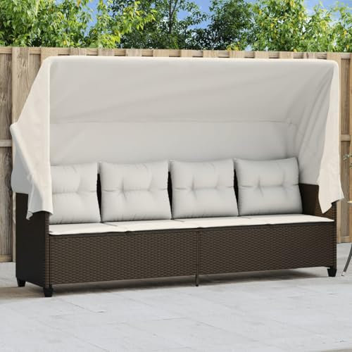JUDYY Sonnenliege mit Dach und Kissen Braun Poly Rattan, Gartenliege, Liegestuhl, Sonnenstuhl, Sonneninsel Outdoor, Liegen, Gartenmöbel, Bäderliege, Relaxliege - 368336