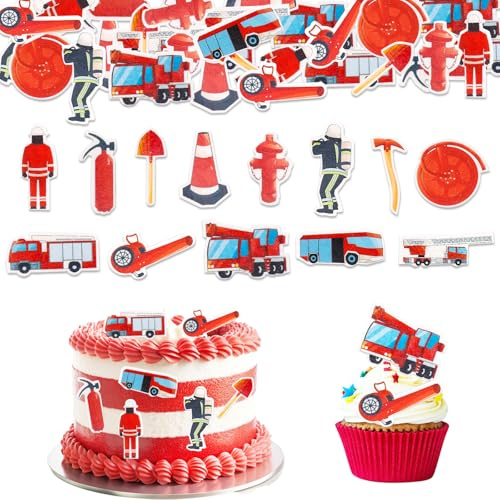GoldRock Essbare Tortendeko Feuerwehr, 80 Stk Feuerwehr Tortendeko Essbar, Feuerwehr Deko Kindergeburtstag, Feuerwehrmann Esspapier Kuchen Deko, Feuerwehr Geburtstag Deko,Feuerwehr Torten Deko Essbare