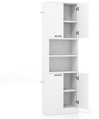 GiantexUK 4-Door Tall Kitchen Cupboard, 190CM Wooden Storage Cabinet with 2 Open Compartments & 2 Enclosed Cabinets, Freestanding Display Sideboard for Dining Living Room Pantry (White)