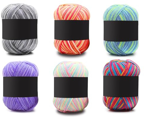 Ovillo de Lana Ganchillo, 6 Piezas 50 Gramos de Lana Acrílica de Colores para Ganchillo, Suave Set de Hilos Multicolores para Tejer, Ganchillo y Manualidades, 6 Colores Mezclados en Degradado