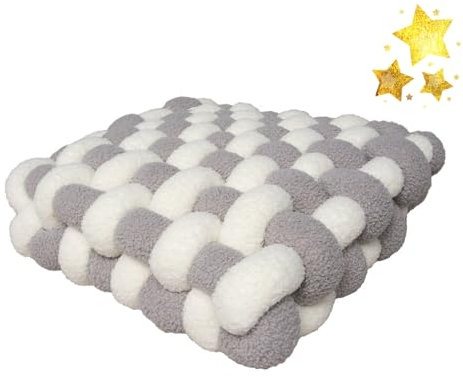 PromCaeruyn Kuschelkissen Bodenkissen Quadratisches Knotenkissen Dekokissen für Büro Wohnzimmer Schlafzimmer Wohnheim Auto Knoten Handgemachtes Kissen Hauszubehör(White and Gray,30 * 33 * 12cm)