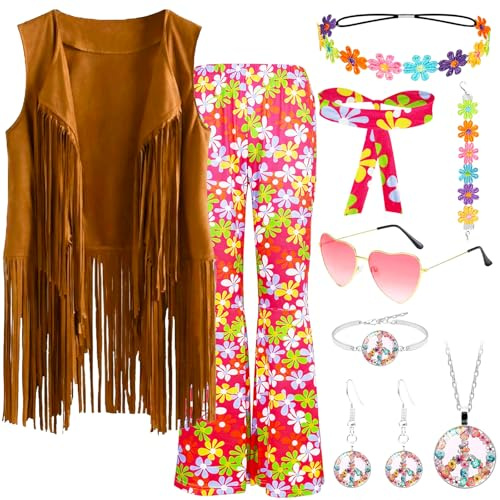 9 stycken hippie-dräktsset för kvinnor, 70-tals kvinnor hippie-kläder med fransväst, slagbyxor, pannband, solglasögon, halsband, örhängen för karneval karneval disco temafest (XL)