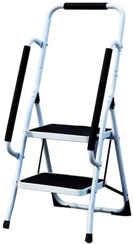 Gr8 Home Portable 2 Step Ladder Foldable Stool Non Slip Tread Heavy Duty Metal Steel Compact Folding Home DIY With Safety Grab Rail Banister Bar Handrail Support