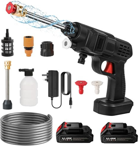 21V 38Bar High Pressure Cordless Pressure Washer, 5L/min Portable Pressure Washer with Battery, 5m Hose 6-in-1 Adjustable Nozzle, Pressure Cleaner for Car Floor Garden Cleaning Watering (2 batteries)