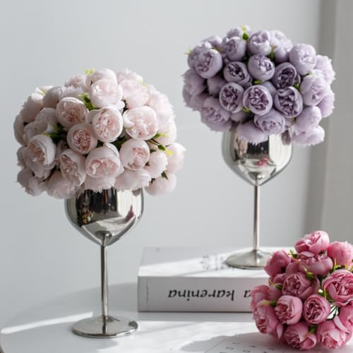 KARLOR Set di fiori artificiali, 2 fasci con 54 fiori, bouquet di rose artificiali, bouquet di fiori artificiali, come veri mazzi di fiori primaverili, decorazione per la casa, per matrimoni, rosa