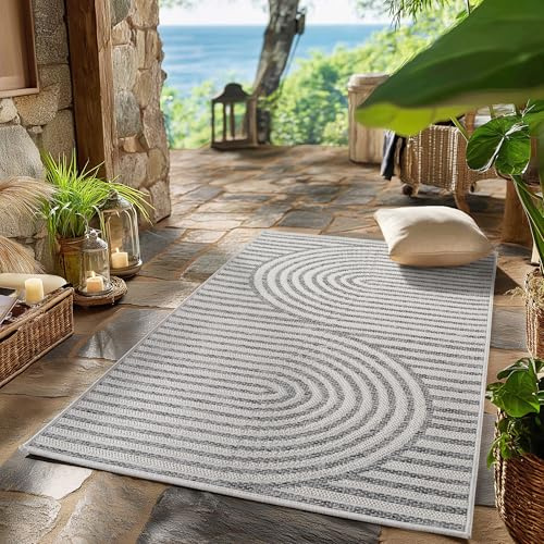 SIMPEX Outdoor Teppich Grau 80x150 cm Läufer Wetterfest UV-beständig Pflegeleicht Skandinavisches Boho Design für Küche Balkon Terrasse Wohnzimmer