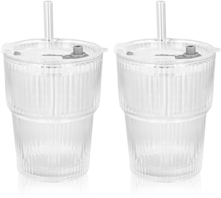 SAVOSWEET Glasbecher mit Deckel und Strohhalm 450ml – 2er Set aus Borosilikatglas,Ideal für Iced Coffee, Bubble Tea, Smoothies & Cocktails