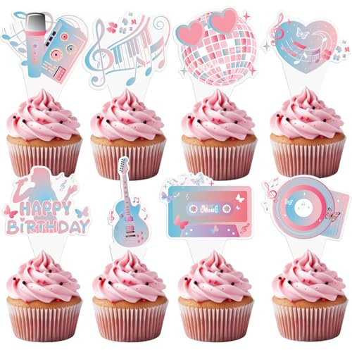 JoyAura Popular Cake Topper Set - 24 Pcs Pink and Blue Super Star Happy Birthday Era Party Cupcake Toppers Decor Sets Dessert Decorations Guitar Theme Party Supplies for Fans Celebration Girls Night
