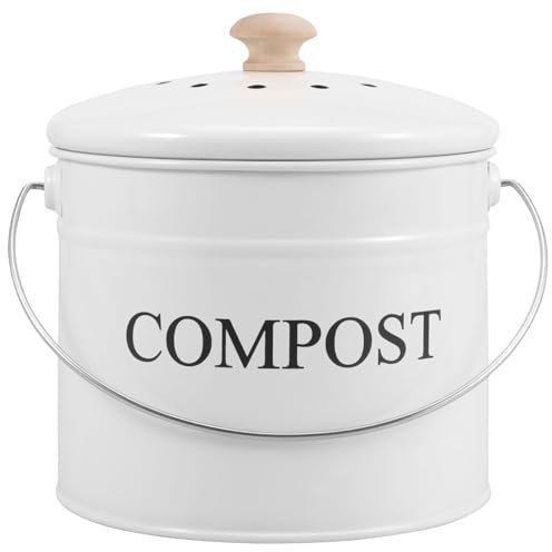 Bac à compost de cuisine de 3 l avec couvercle et poignée - 21 x 21 x 20 cm - Seau à compost de cuisine avec filtre à charbon en métal sans BPA - Sans odeur - Poubelle bio pour la cuisine - Blanc