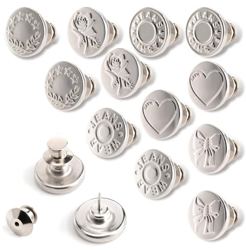 Knöpfe ohne Nähen, Jeansknopf Hose Enger Machen Clip (Silber) | 17mm Metall Druckknöpfe Ersatz Hosenknopf für Hosenbund Verkleinern Button, 12 Stück