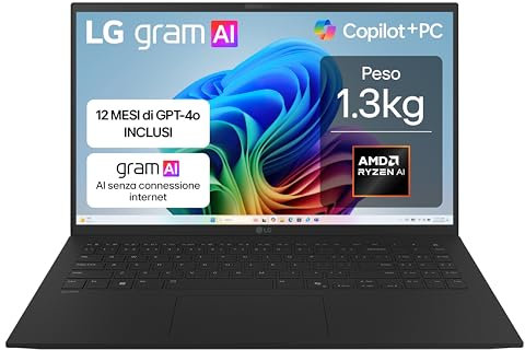 LG gram AI 15Z80T, Notebook 15.6 FHD (1920x1080), AMD Ryzen AI 7 350, 16GB RAM, 512GB SSD, Ultraleggero solo 1.3 kg, Batteria 72Wh, Windows 11 Home, Copilot, scocca in alluminio, Nero