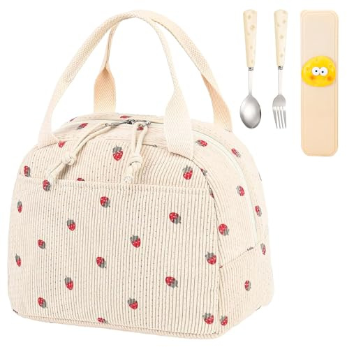 Insulated Lunch Bag for Women Girls with Utensils Set, Large Capacity Corduroy Thermal Tote with Fork & Spoon, Cute Butterfly Bow Strawberry Lunch Box for School Work Picnic, Fits Bento Boxes