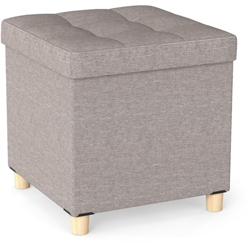 COSTWAY Sittpall med förvaringsutrymme, fotpall av linnetyg med vadderat lock och ben av gummiträd, förvaringslåda för vardagsrum, sovrum och hall 45 x 45 x 45 cm (grå)