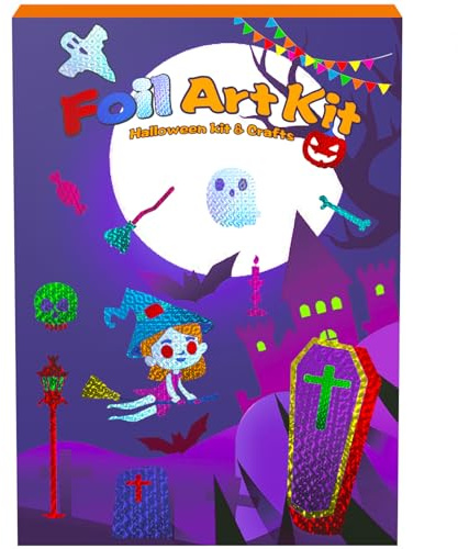 Halloween Folienkunst Bastelset | 8 Hintergrundbögen + 8 EVA-Sticker + Holzpressstab + 50 Blatt 10-Farben-Folie + 10 Paar Runde Augen | Ab 3 Jahren | Messfreies Kreativ-Basteln für Jungen & Mädchen