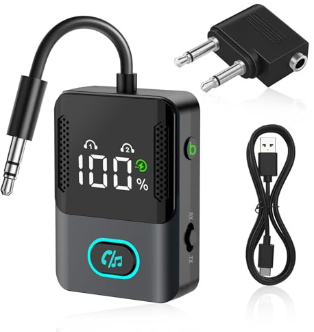 Receptor transmisor Bluetooth 5.3, 2 en 1, Bluetooth inalámbrico de avión con pantalla LED, compatible con 2 AirPods o auriculares inalámbricos, conector de audio auxiliar de 3.5 mm, para vuelo/TV/PC