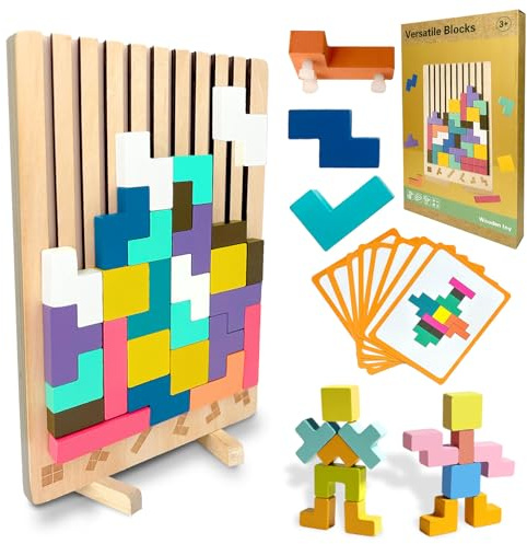 Holzpuzzle 3D Russische Block, Wooden Jigsaw, Montessori Spielzeug mit 10 Karten, Holzpuzzle Knobelspiele, Block Puzzle, Holzspielzeug Kinderspiele, Lernspielzeug